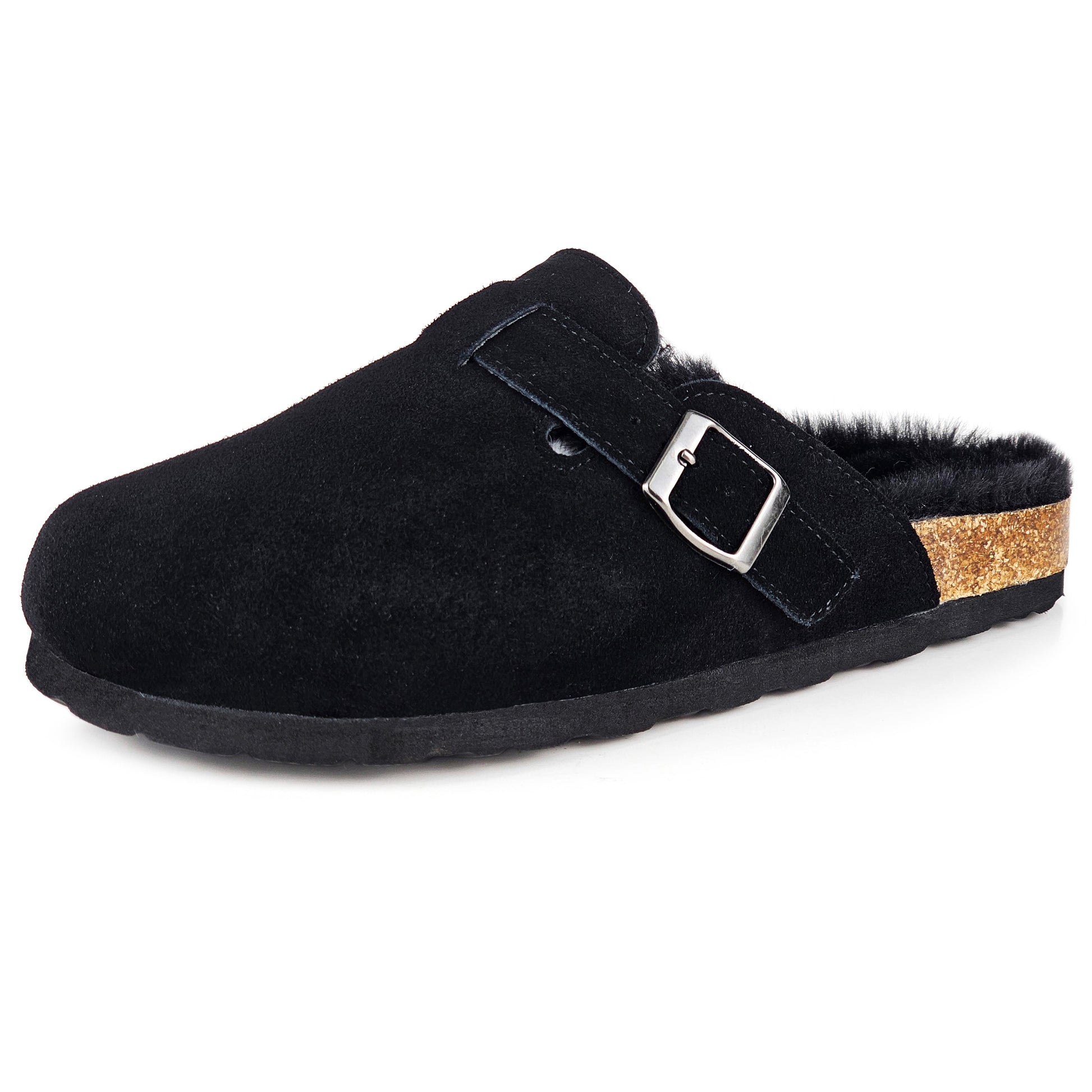 Erica Women's Cork Footbed Clogs Genuine Soft Suede Fuzzy Faux Fur Lined Comfort Cushioned Mule Slide Shoes Black - Venecore